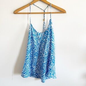 Lilly Pulitzer Maisy Halter Tank Top 100% Silk Solar Blue Night Swimming Size M